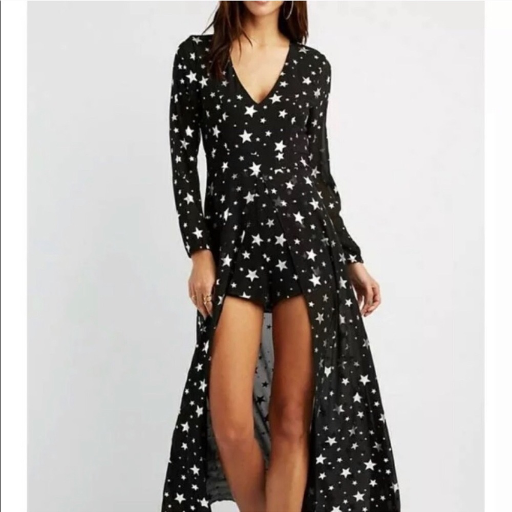 Deep v neck long sleeve romper maxi dress stars